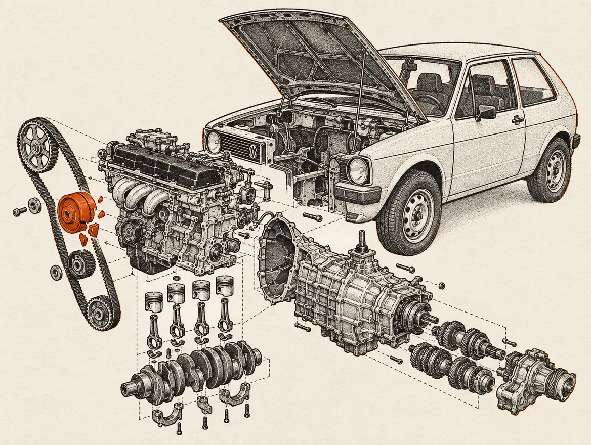 Illustration: Sprængskitse af motor og gearkasse med den defekte del i orange