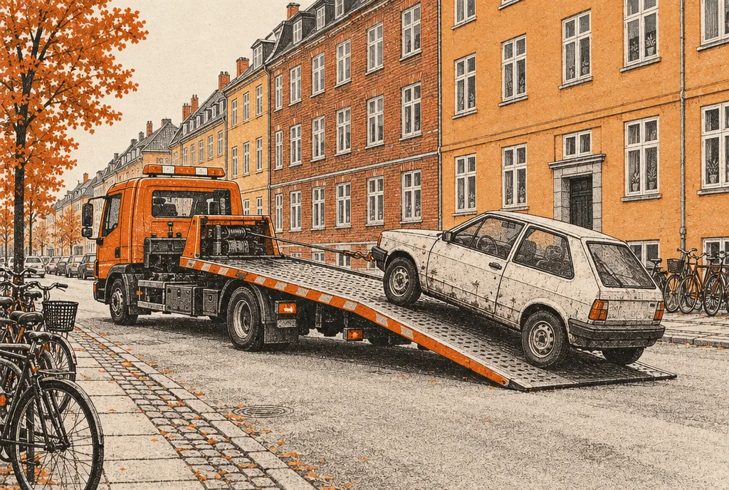 Illustration: Kranvogn trækker en gammel bil op på ladet i en københavnsk gade