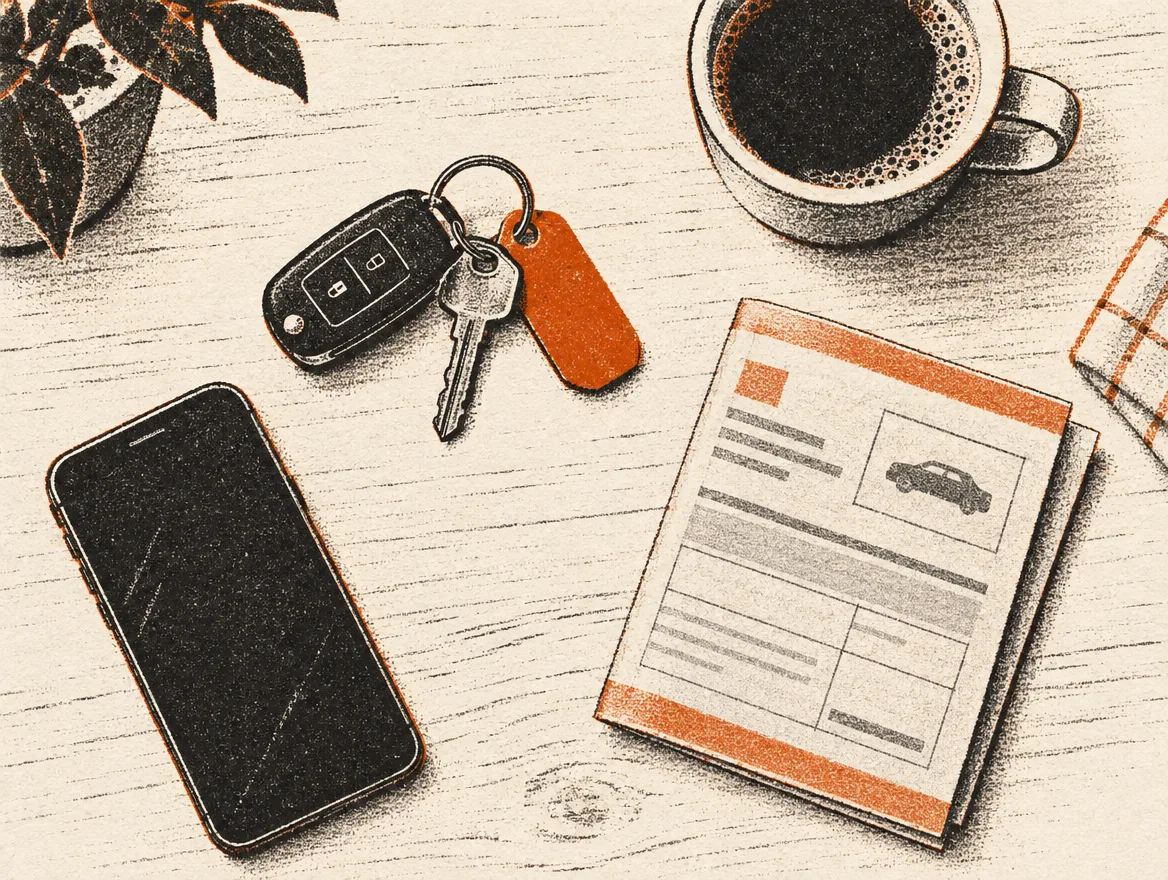Illustration: Bilnøgler, registreringsattest og mobiltelefon på et bord