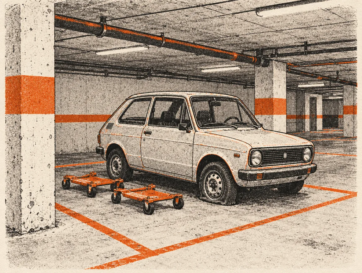 Illustration: Bil med fladt dæk i en P-kælder med hjulruller