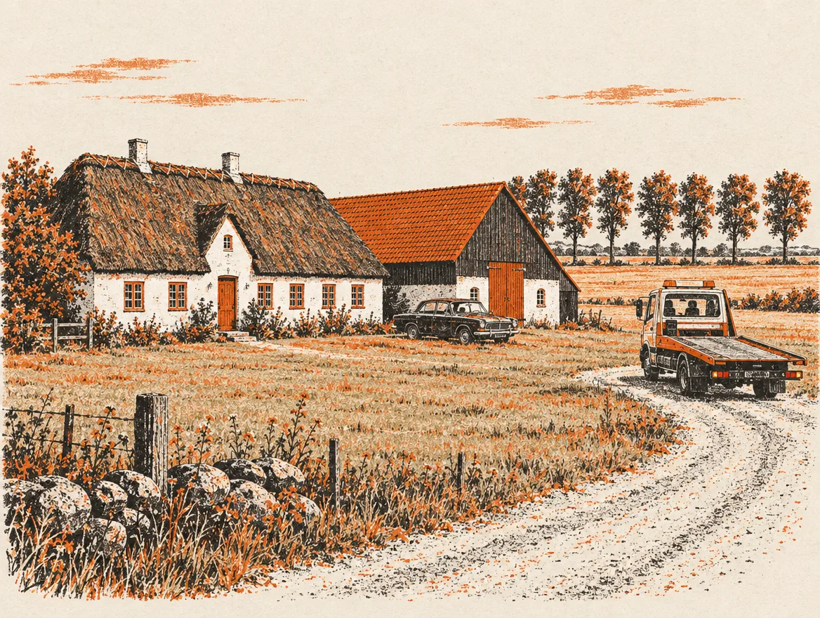 Illustration: Sjællandsk gård med stråtag, gammel bil og kranvogn på grusvejen
