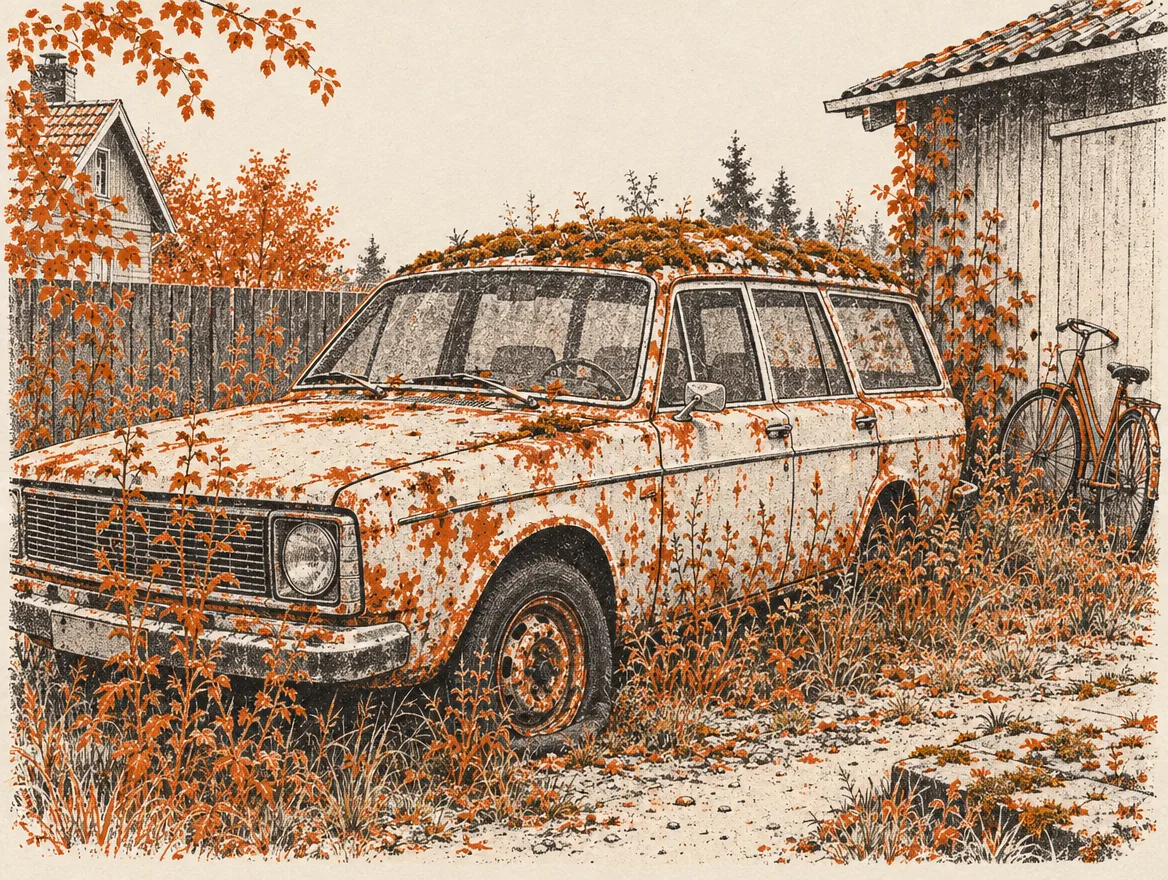 Illustration: Rusten stationcar med mos på taget i en baggård