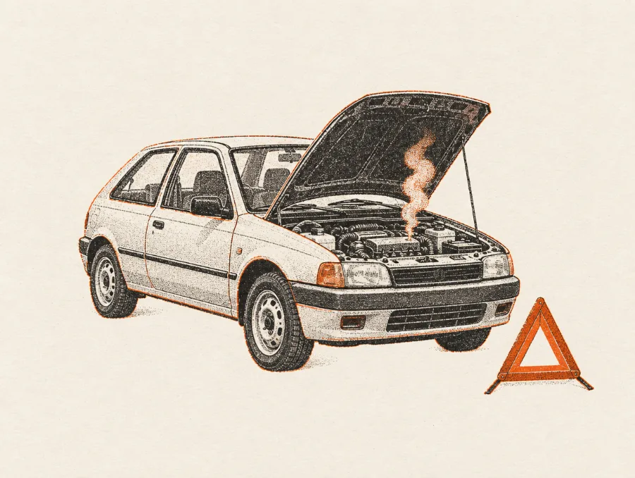 Illustration: Bil med åben motorhjelm og damp