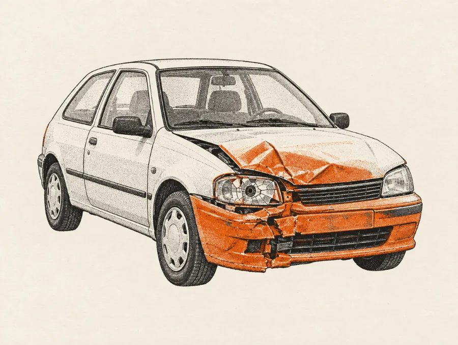 Illustration: Bil med sammenkrøllet front efter uheld