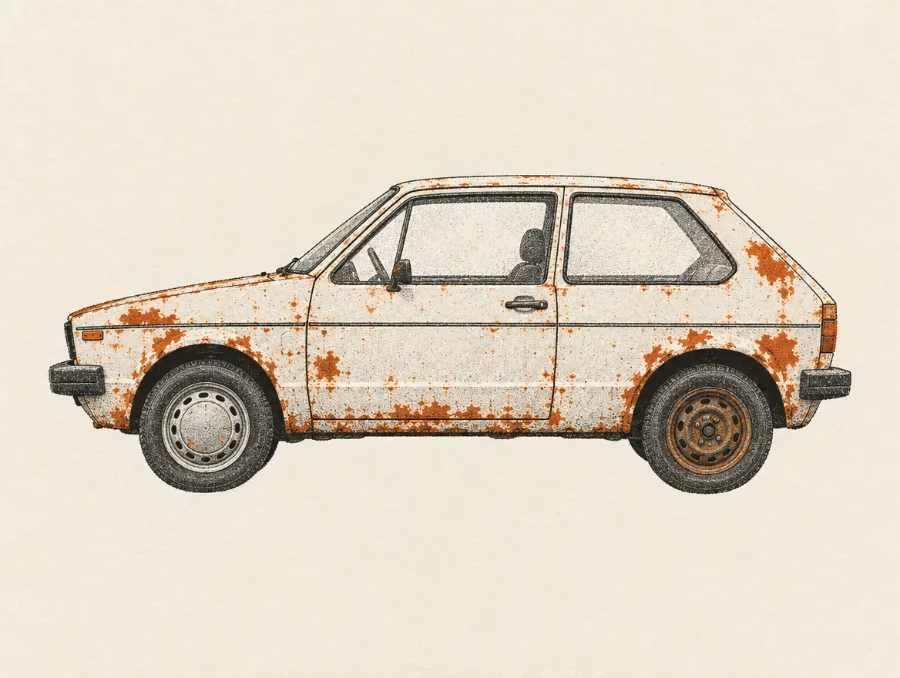 Illustration: Rusten gammel bil set fra siden