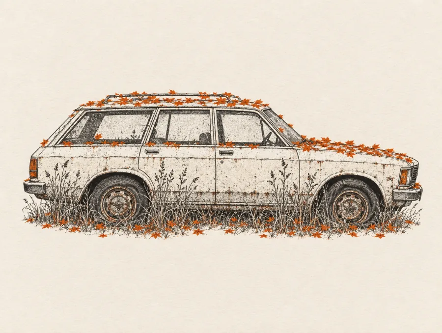 Illustration: Bil med flade dæk og blade på taget