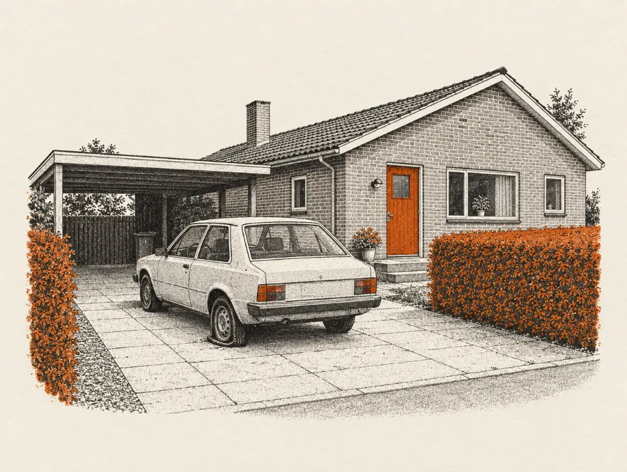 Illustration: Bil i indkørslen ved et parcelhus