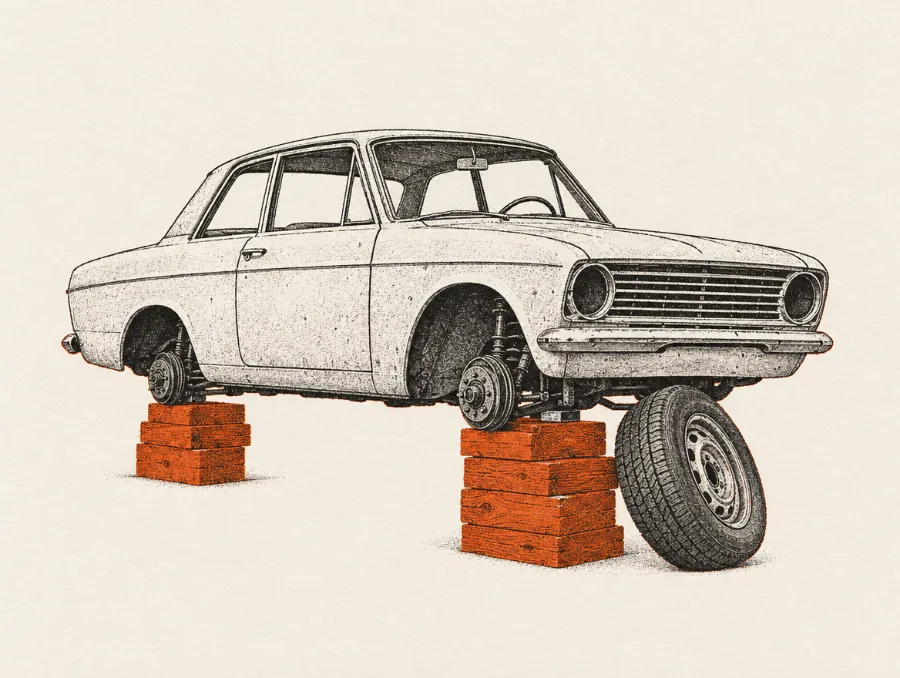 Illustration: Bil uden hjul på klodser