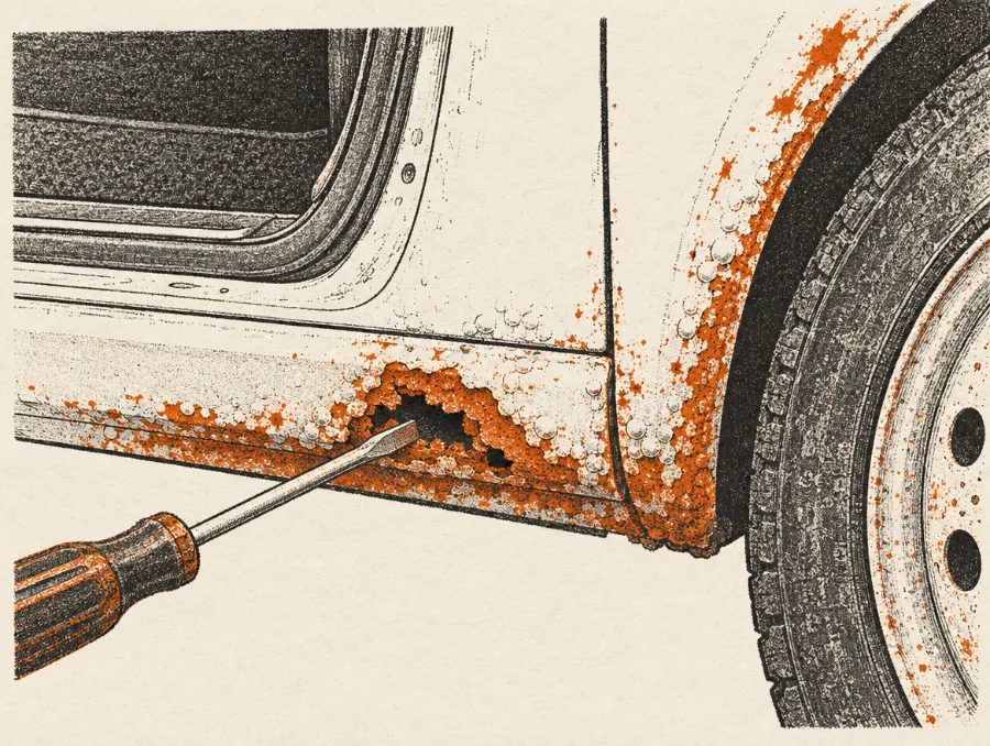 Illustration: Gennemtæret dørbund med rust