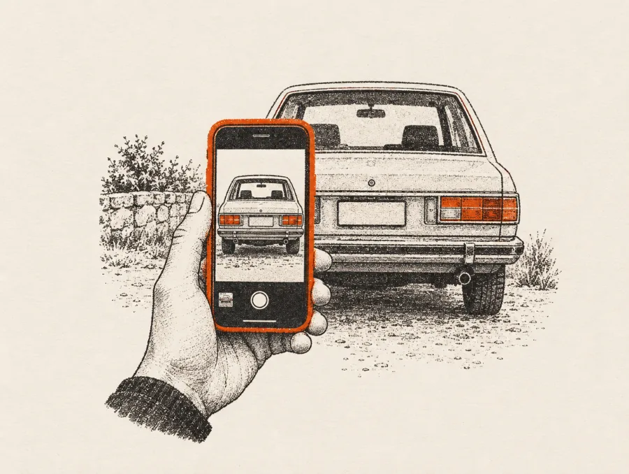 Illustration: En hånd fotograferer en bil med mobilen