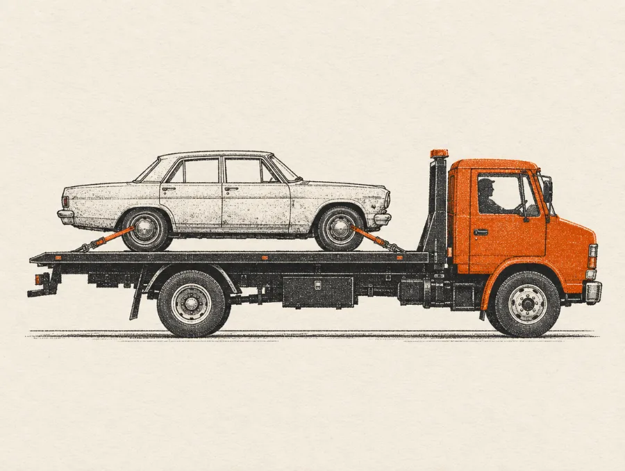Illustration: Kranvogn med en bil på ladet